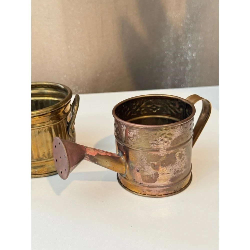Hosley Solid Brass Decorative Mini Watering Can and Ribbed Oval Planter Set